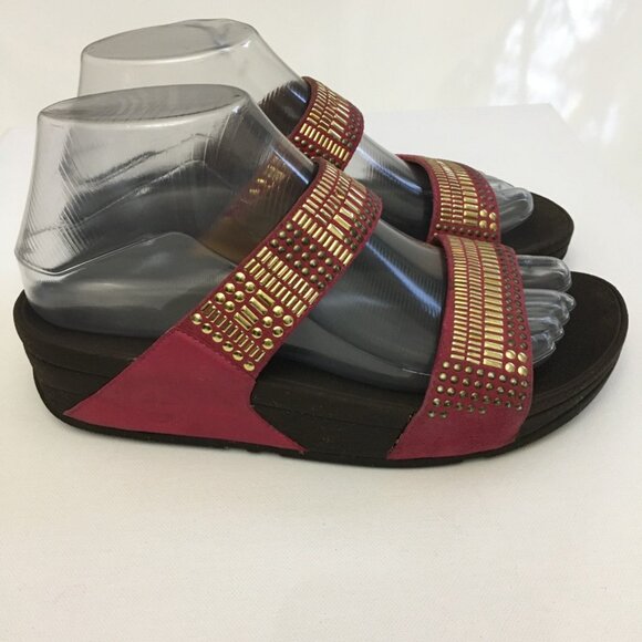 Fitflop Pink Gold Azteck Chada Womens 37 EU/ 6 US Slide Slip On Leather Rubber - Picture 3 of 16